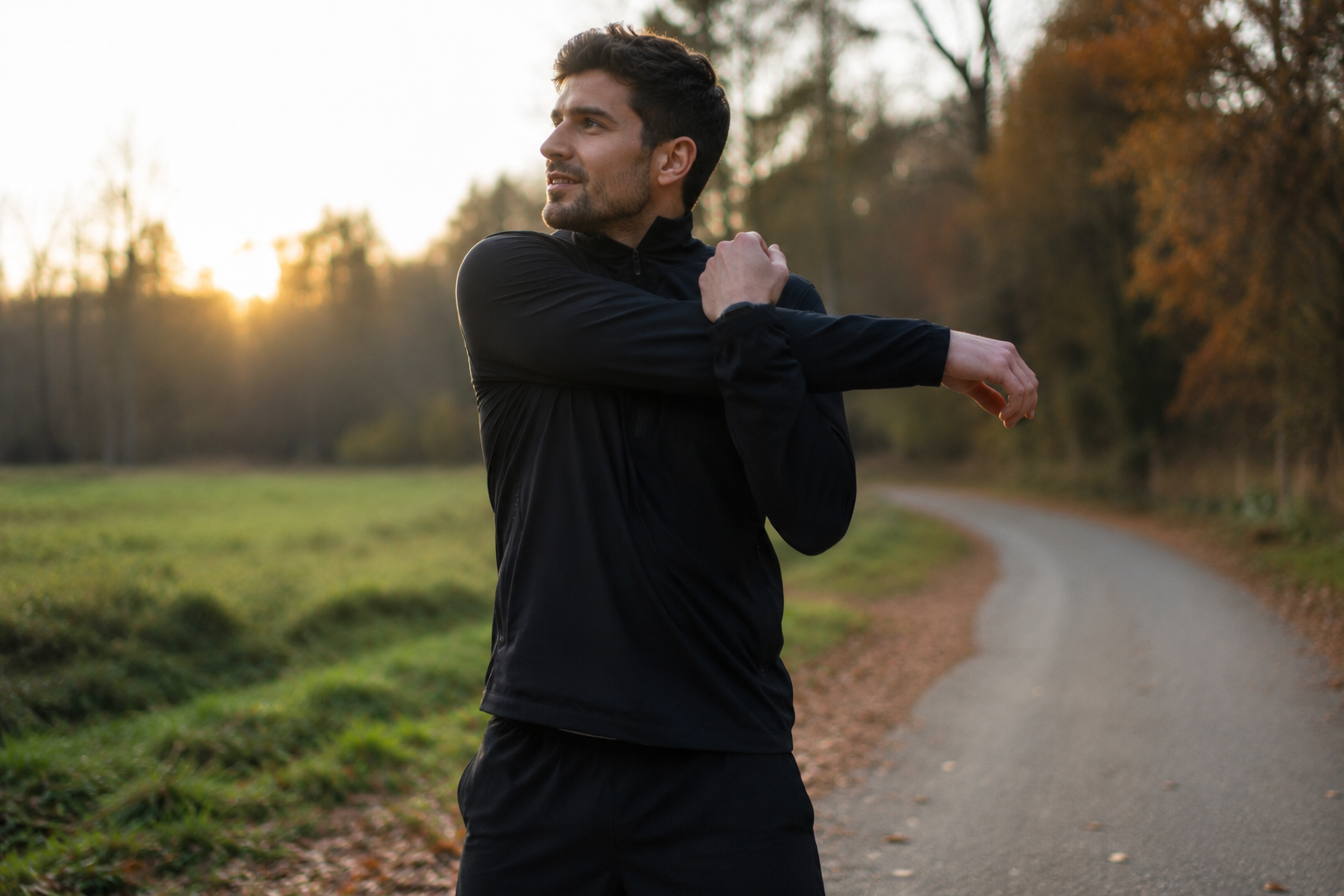 Man stretching on a scenic trail at sunrise before exercise.