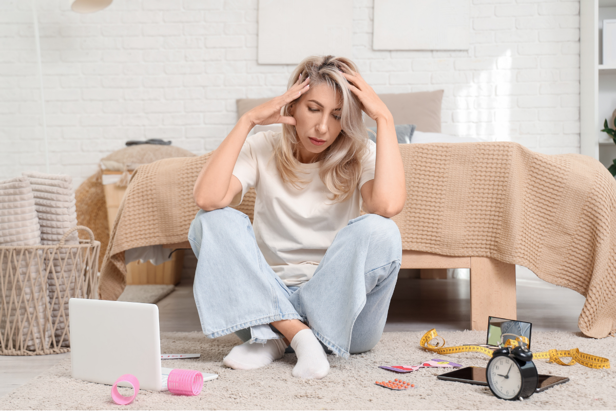 Woman sitting on the floor looking stressed, surrounded by everyday items.