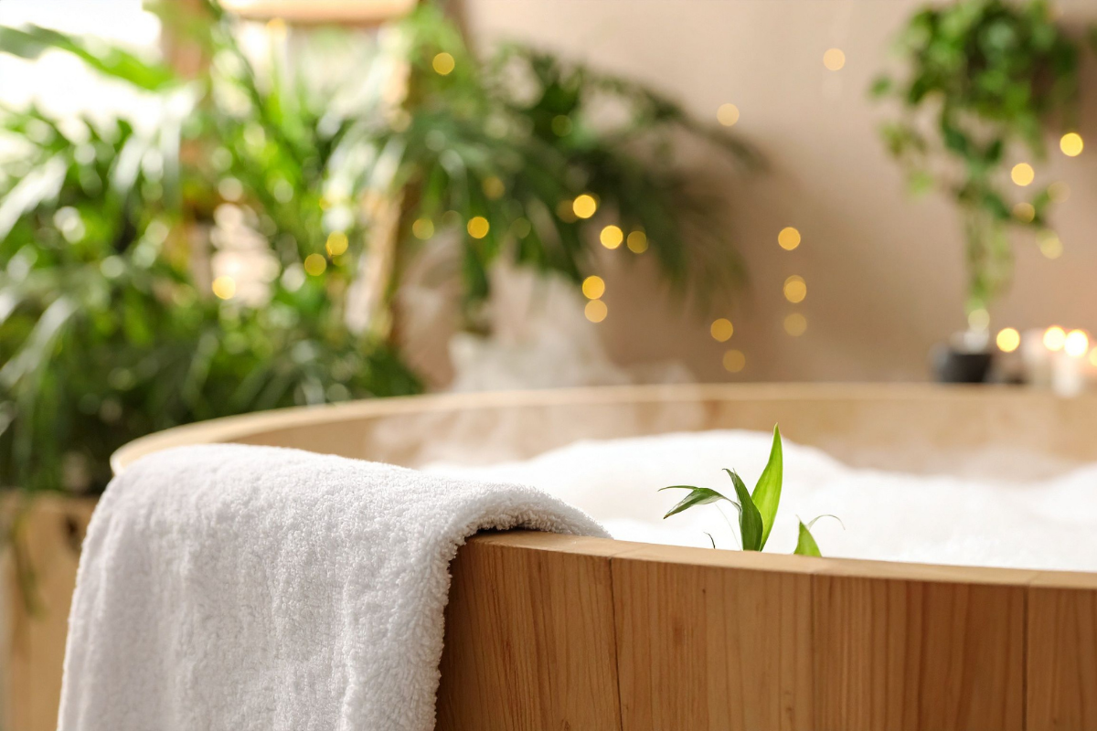 Warm wooden bath surrounded by green plants and soft lights, with steam rising and a white towel draped over the edge.