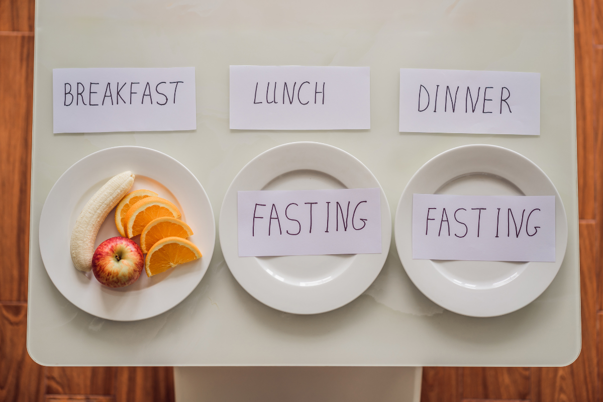 Three plates labelled breakfast, lunch, and dinner, with fruit on the breakfast plate and fasting cards on the lunch and dinner plates.