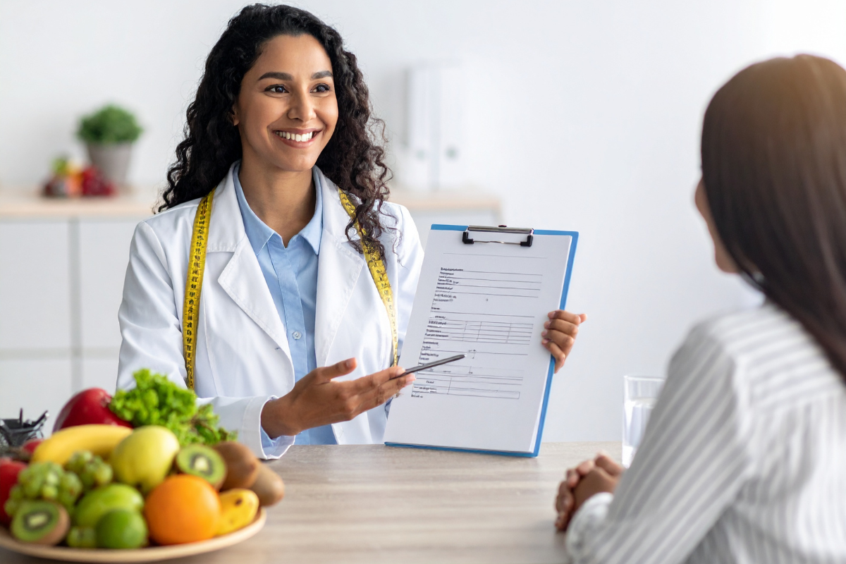 Nutrition professional discussing a wellness plan with a client across a table with fresh fruit.
