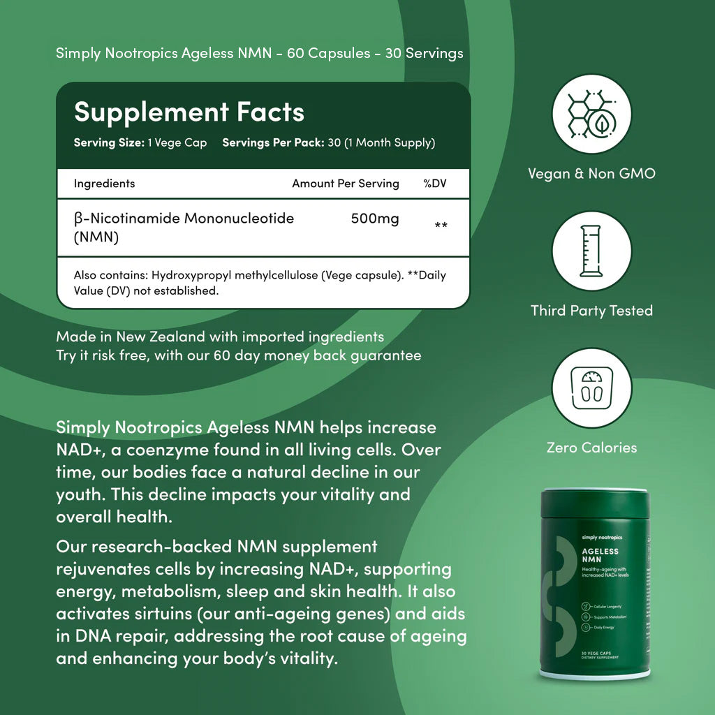 NMN Capsules 250mg – NAD Booster, Anti-Aging Energy Supplement, 60 Sugar-Free Caps